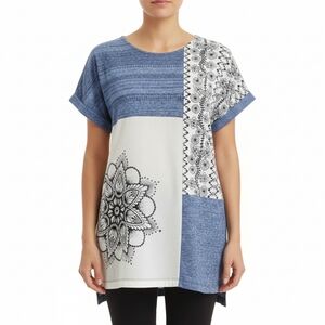 Desigual Sara Patchwork Printed Tunic Blouse Top Blue White Size S‎